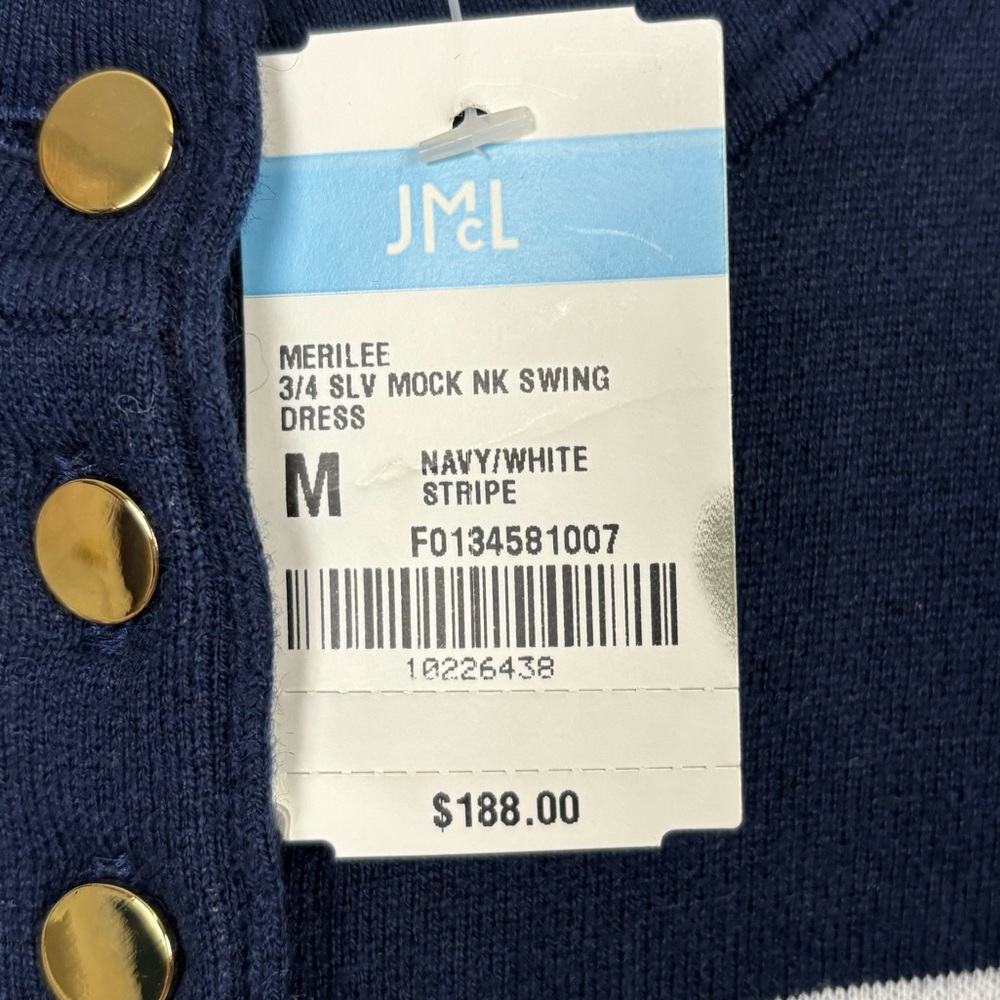 J. McLaughlin Dress Women M Navy White Stripe Merilee 3/4 Sleeve Mock Neck Swing - Picture 11 of 14